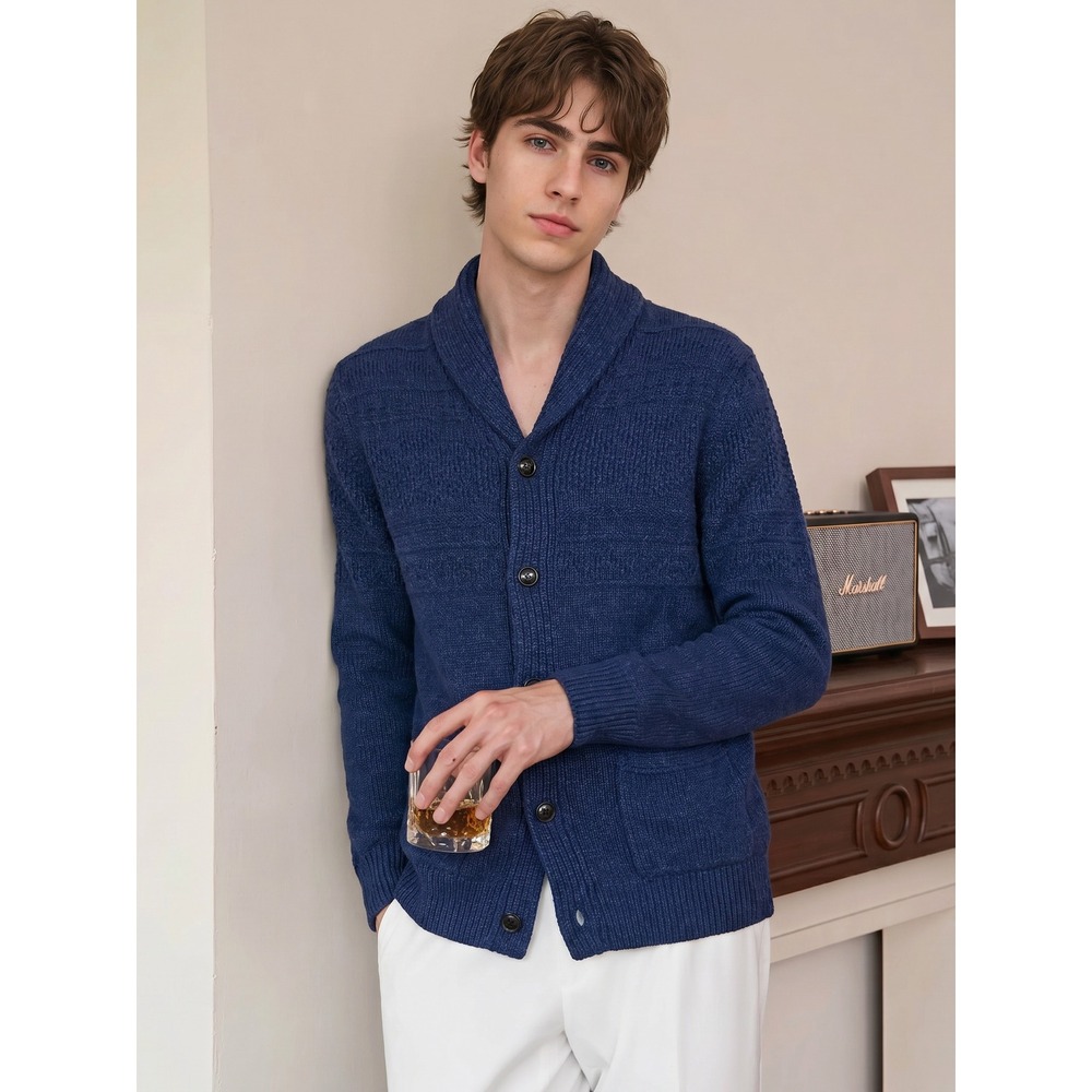 J.Crew Shawl Collar Cardigan Mens Small Blue 100% Cotton Textured Knit Sweater